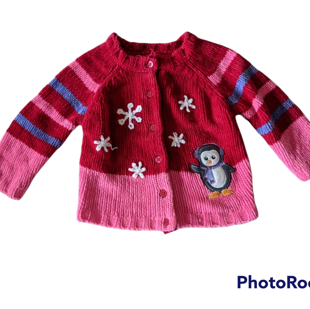 Adorable Pink and Red Penguin Sweater Size 12 Months